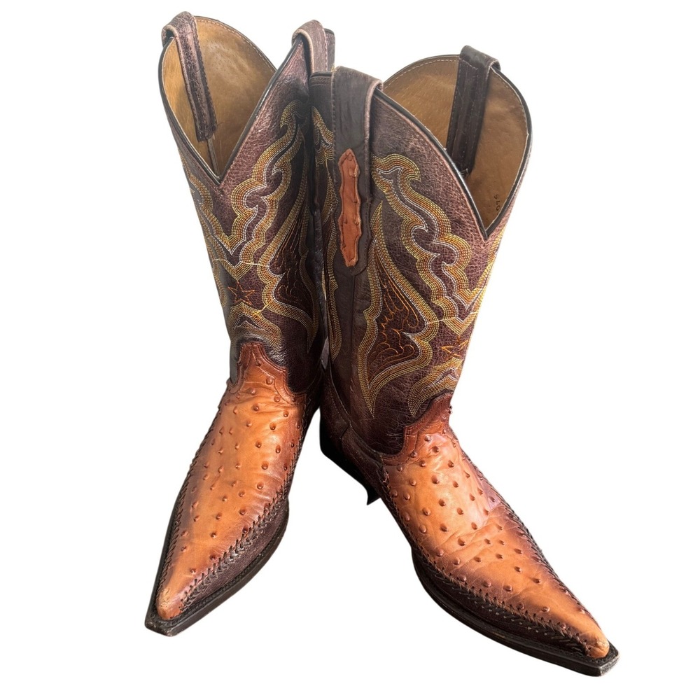 El General 1901 Ostrich Quill Leather Western‎ Boots Brown Snip Toe Mens 9M